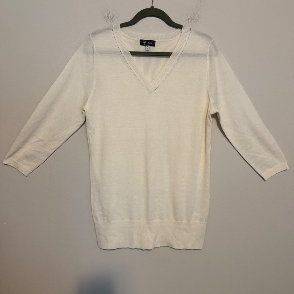 Ibex Merino Wool Silk V Neck Sweater Ivory 3/4 Sleeve Women XL classic preppy